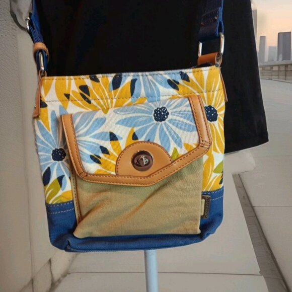 Franco Sarto Canvas Sunflower Floral Print Satchel Bag โ Blue Handles โ Medium - Picture 12 of 12